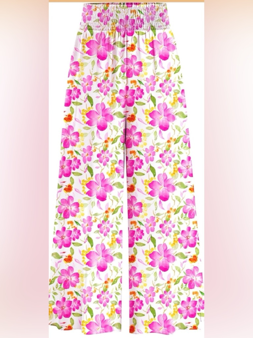 Fully Lined Floral White Wide-Leg Jumpsuit Pants with Pink & Green Print